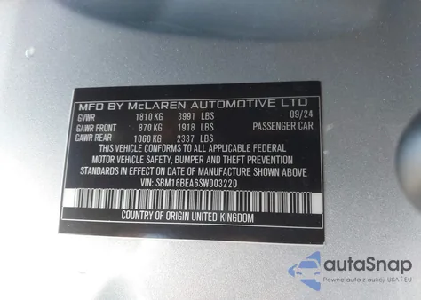 2025 Mclaren Artura Performance/Techlux/Vision z USA, uszkodzony, nr VIN SBM16BEA6SW003220